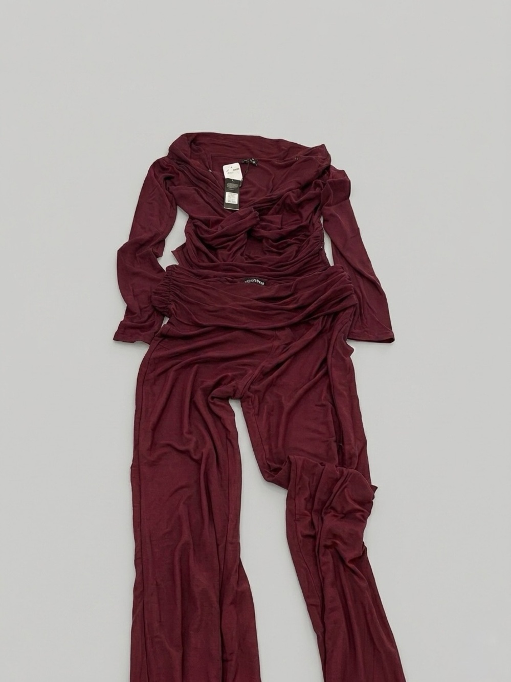 Wine Red Two-Piece Lounge Set – Ruched Off-Shoulder Top & Wide Leg Pants